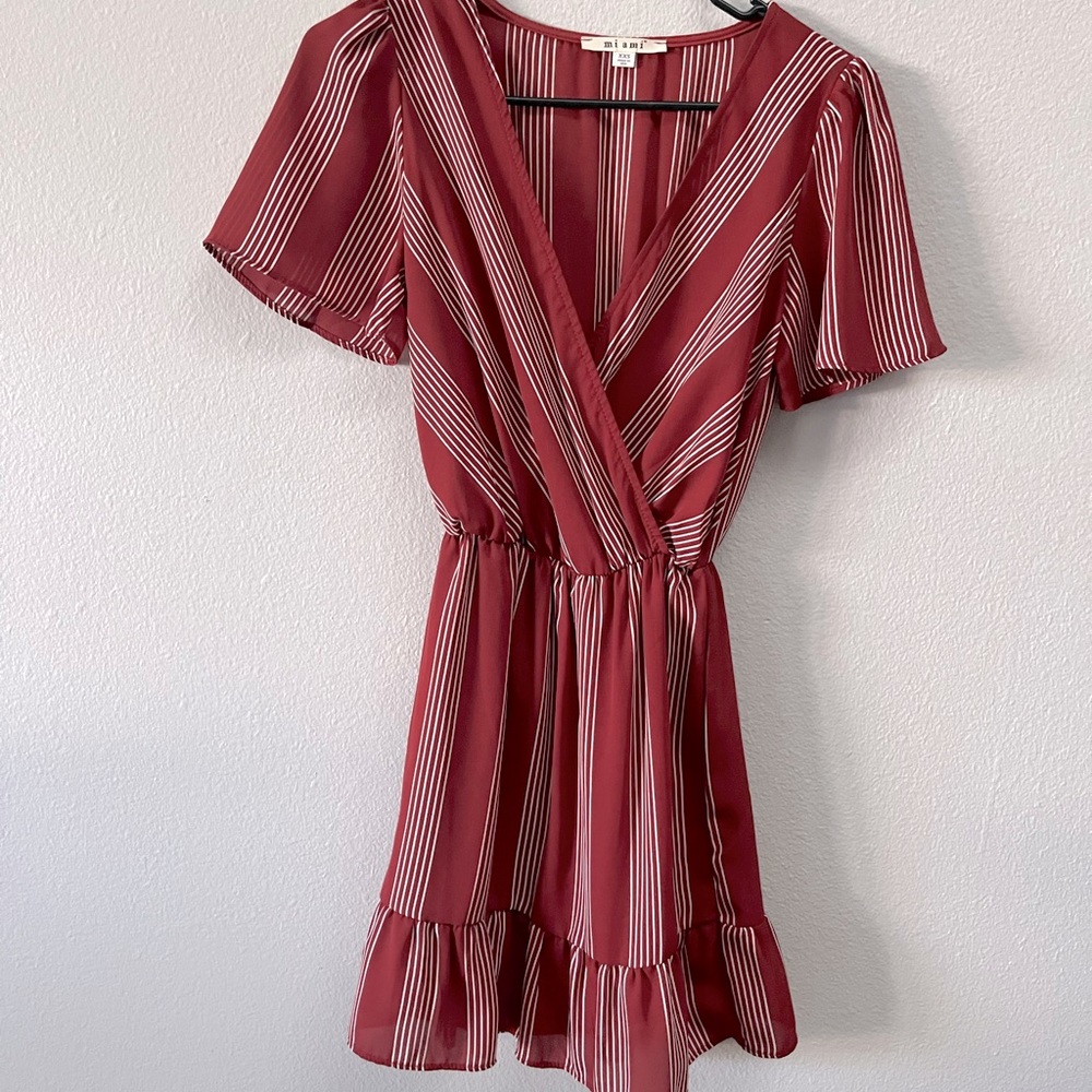 Red and white stripped business casual dress.